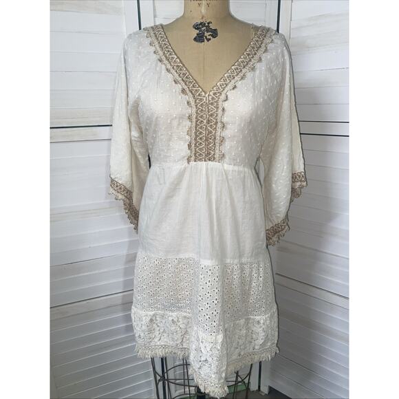 Hippy Boho Embroidered Eyelet Lace Fringe Cream Peasant Tunic Top Large - Picture 1 of 10